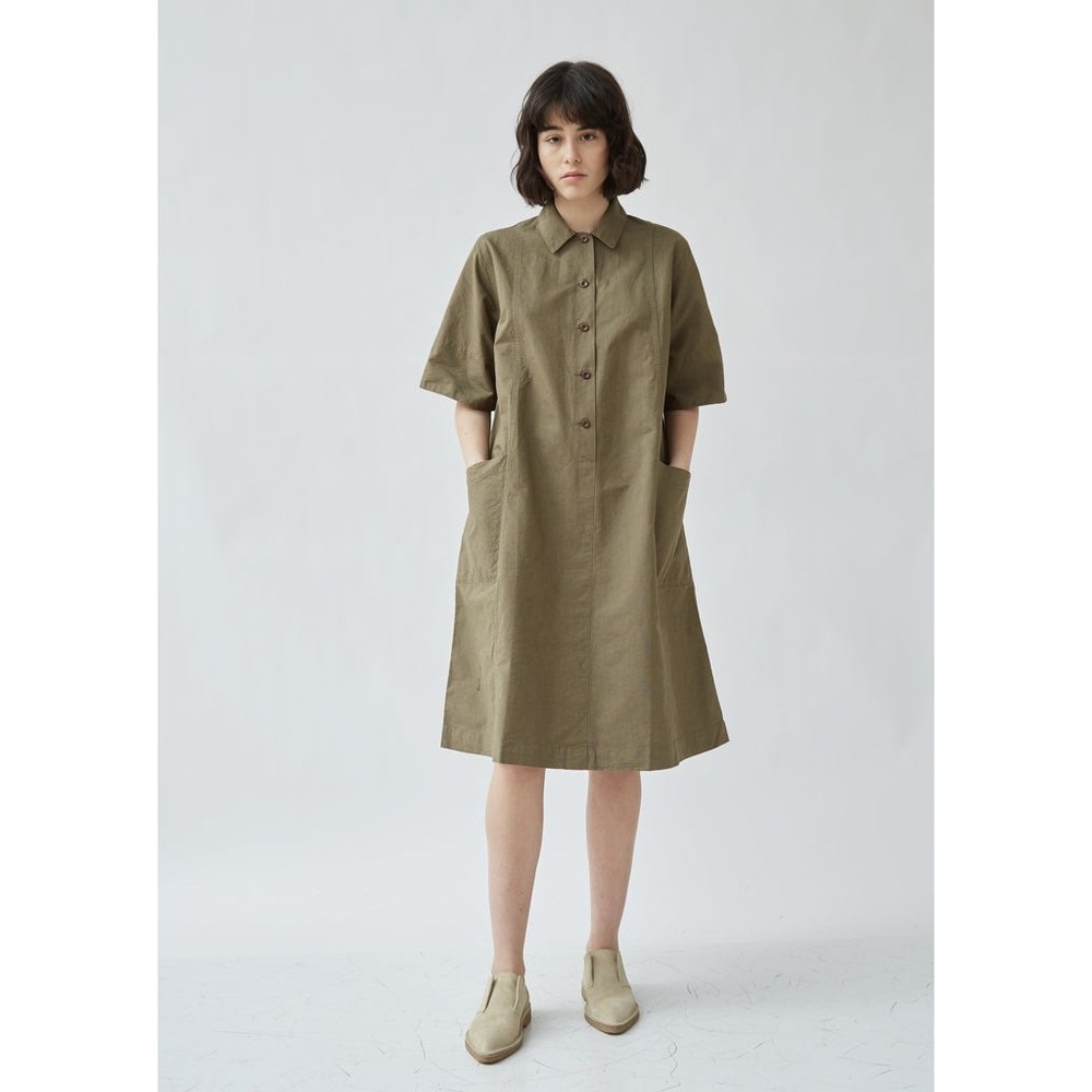 MHL Margaret Howell Cotton Flared Shirt Dress La Garconne Size L Khaki Lagenlook